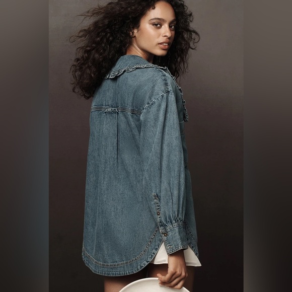 Pilcro Frill Collar Denim Buttondown Shirt - Picture 3 of 7